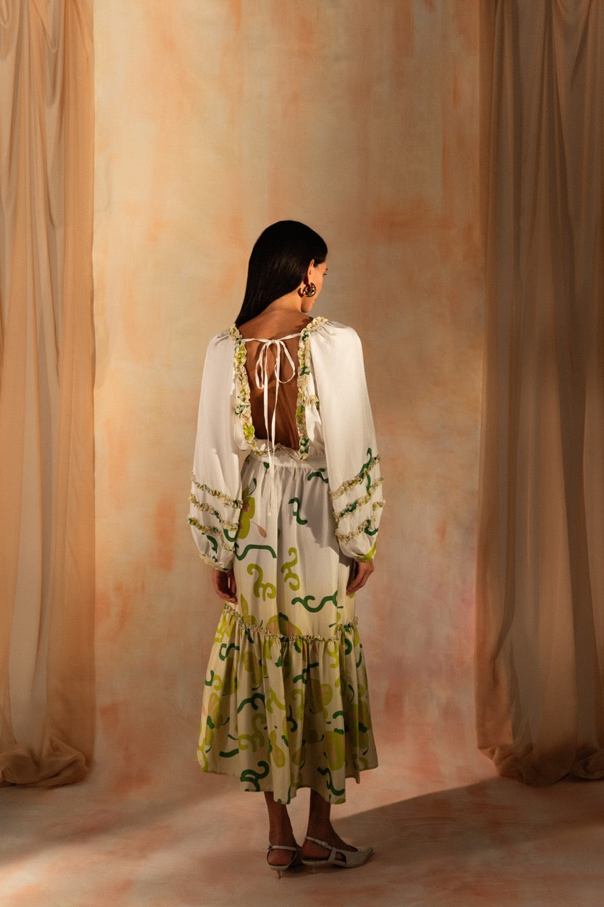 MIAOYAN25 Spring and Summer Silk Print Art Striped Lantern Sleeve Elastic Waist Top