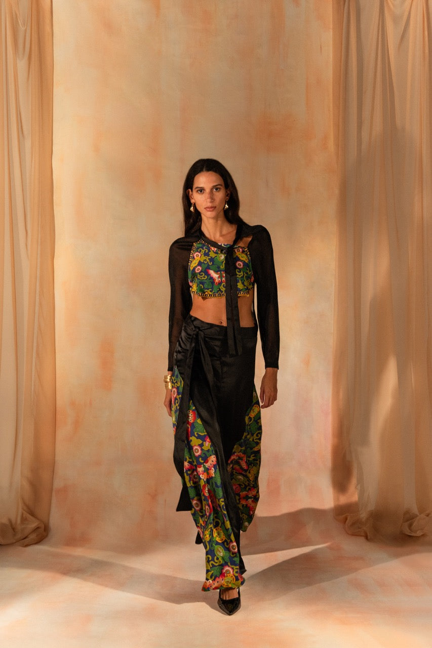 MIAOYAN25 Spring and Summer Splicing Butterfly Print Silk Wide-Leg Pants