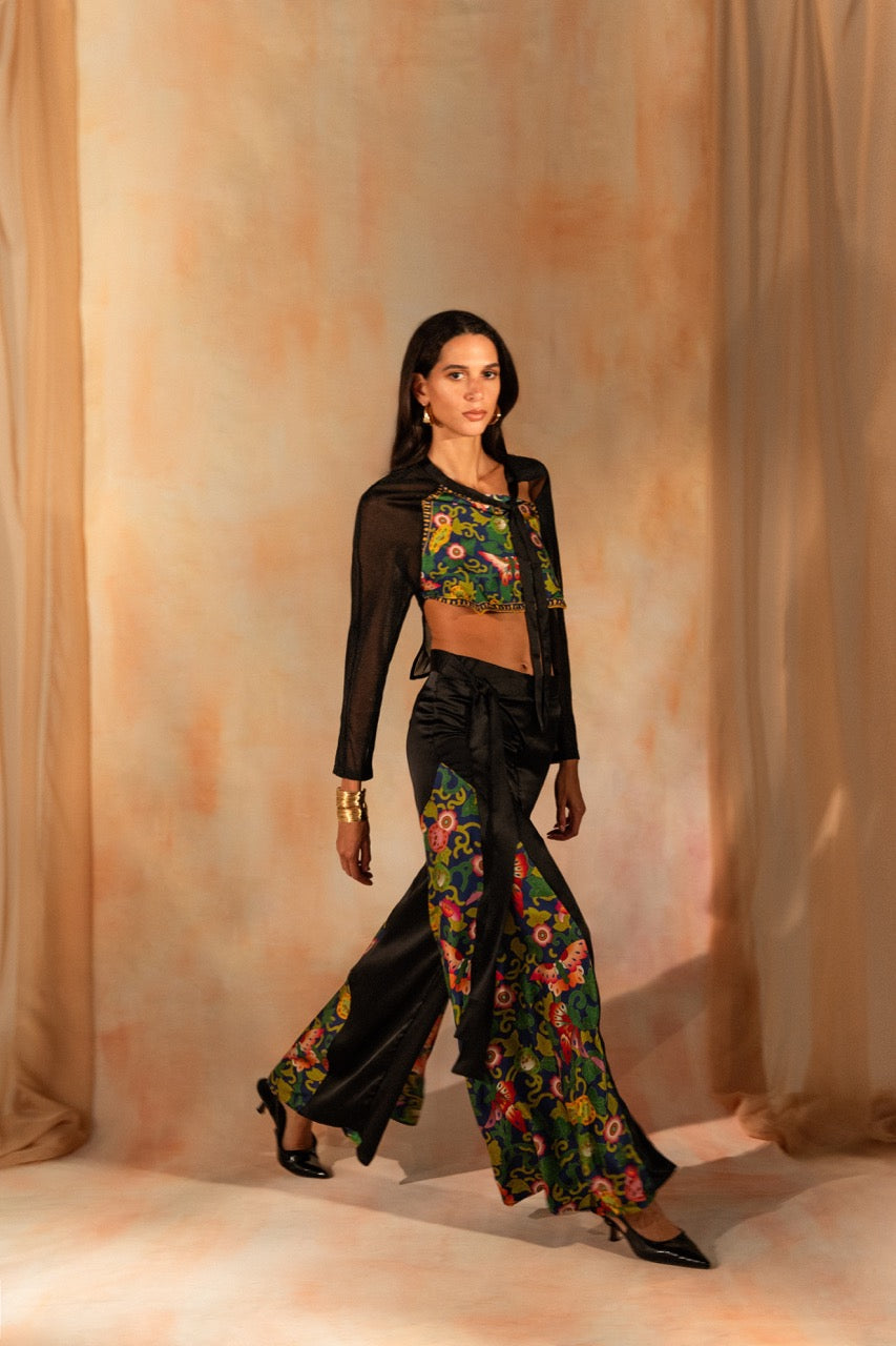 MIAOYAN25 Spring and Summer Splicing Butterfly Print Silk Wide-Leg Pants