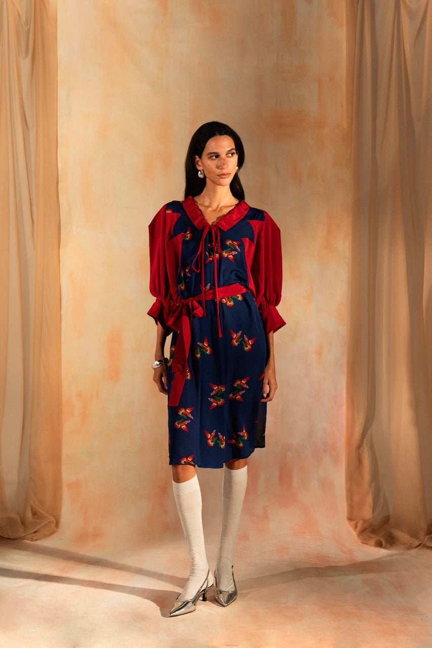 MIAOYAN25 Spring and Summer Silk Splicing Doll Collar Drop Shoulder Lantern Sleeve Dress