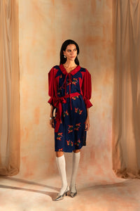 MIAOYAN25 Spring and Summer Silk Splicing Doll Collar Drop Shoulder Lantern Sleeve Dress