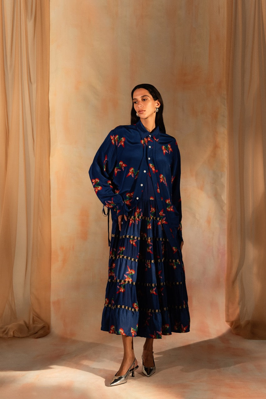 MIAOYAN25 Spring and Summer Butterfly Print Silk Drawstring Shirt