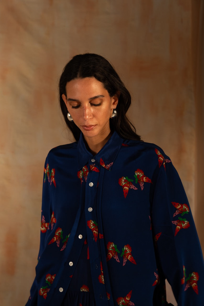 MIAOYAN25 Spring and Summer Butterfly Print Silk Drawstring Shirt