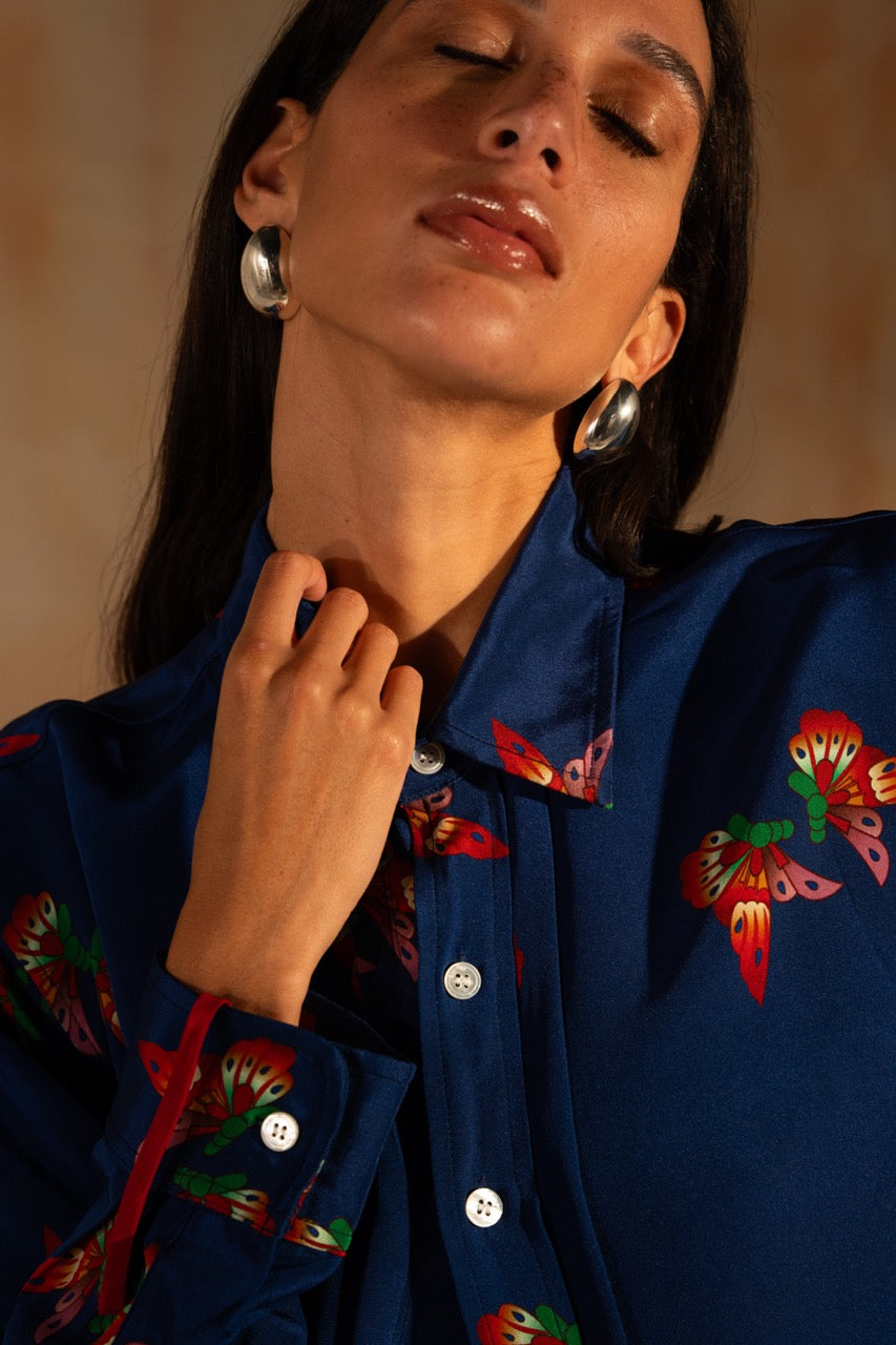 MIAOYAN25 Spring and Summer Butterfly Print Silk Drawstring Shirt
