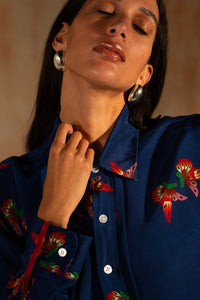 MIAOYAN25 Spring and Summer Butterfly Print Silk Drawstring Shirt